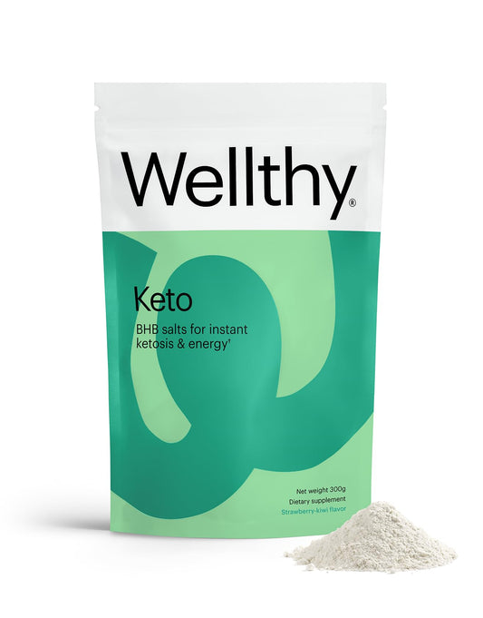 Wellthy Keto Power bottle front with branding and flavor hint for ketosis support
