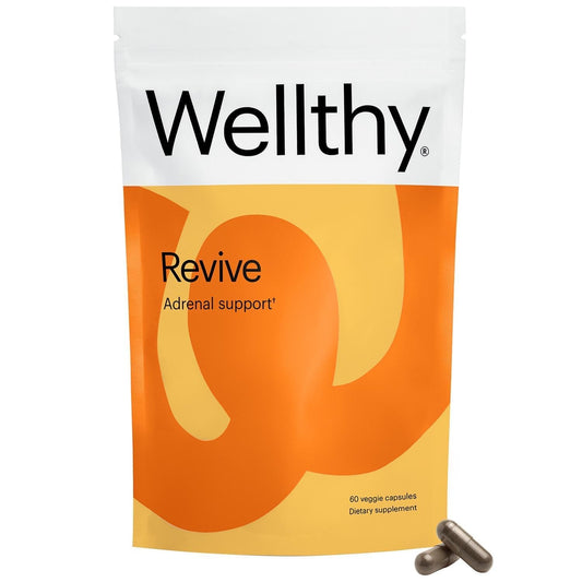 Wellthy Revive stress-support bottle for daily energy balance.