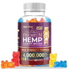 WELLUTION Hemp Gummies XXL bottle front shows premium, high-potency gummy supplementation for daily routine.