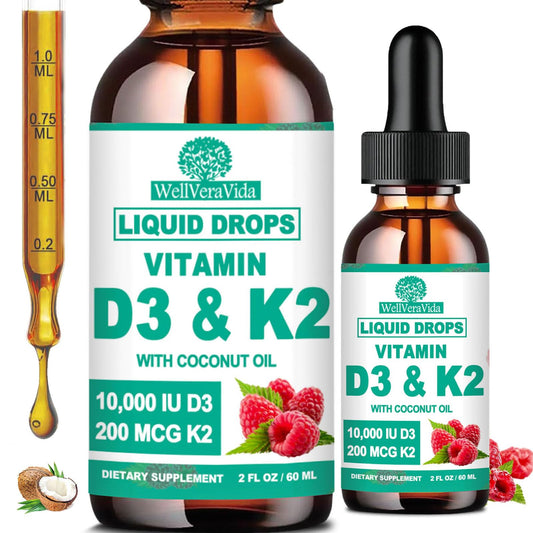 WellVeraVida D3 K2 bottle front showcasing high-potency drops for bone and teeth health.