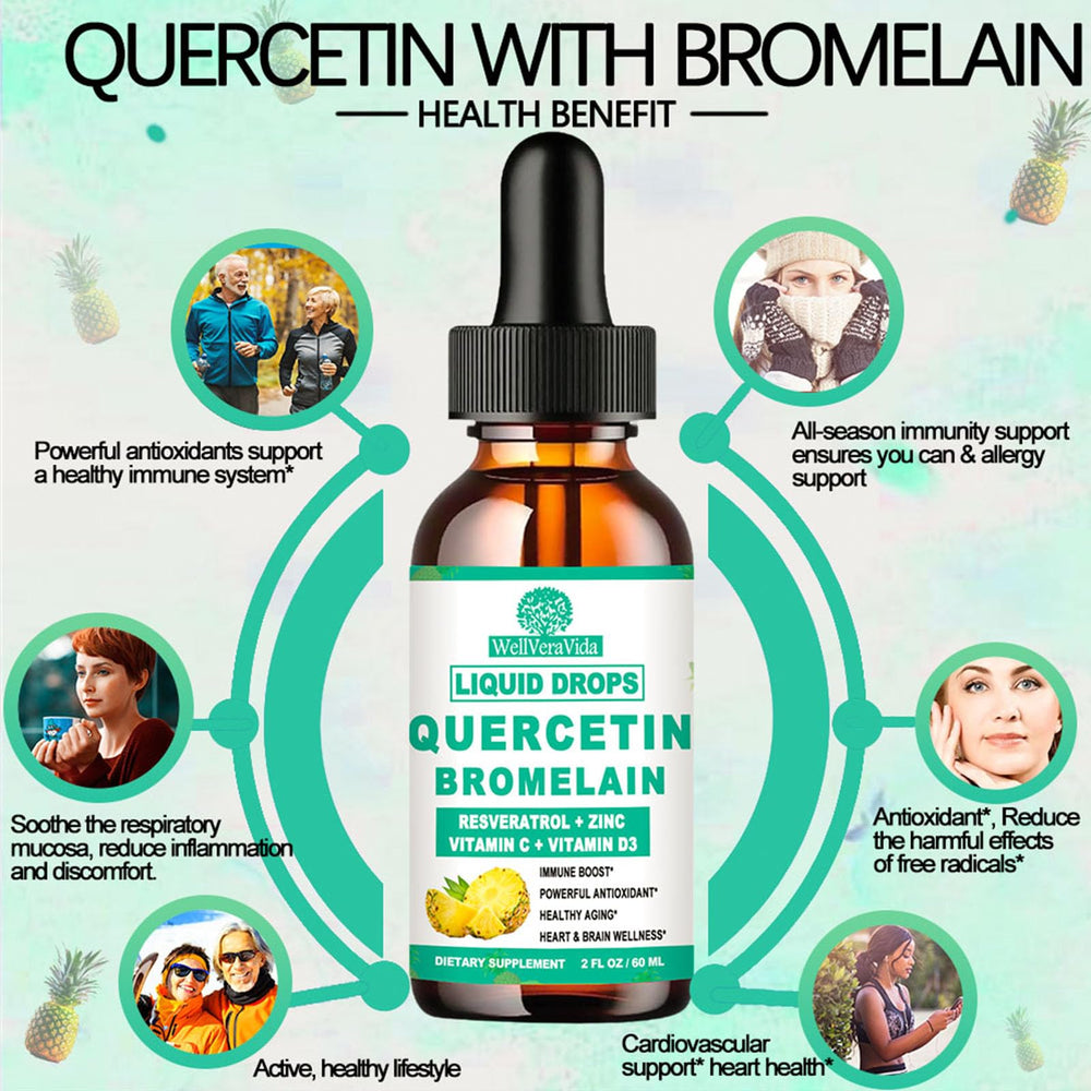 WellVeraVida quercetin-bromelain liquid drops 2-pack packaging for family convenience.