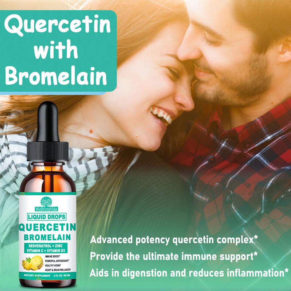 WellVeraVida quercetin-bromelain liquid drops pineapple flavor for easy ingestion.