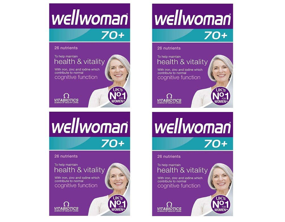 Wellwoman 70+ bottle close-up showing a micronutrient blend for daily vitality