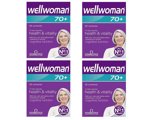 Wellwoman 70+ bottle close-up showing a micronutrient blend for daily vitality