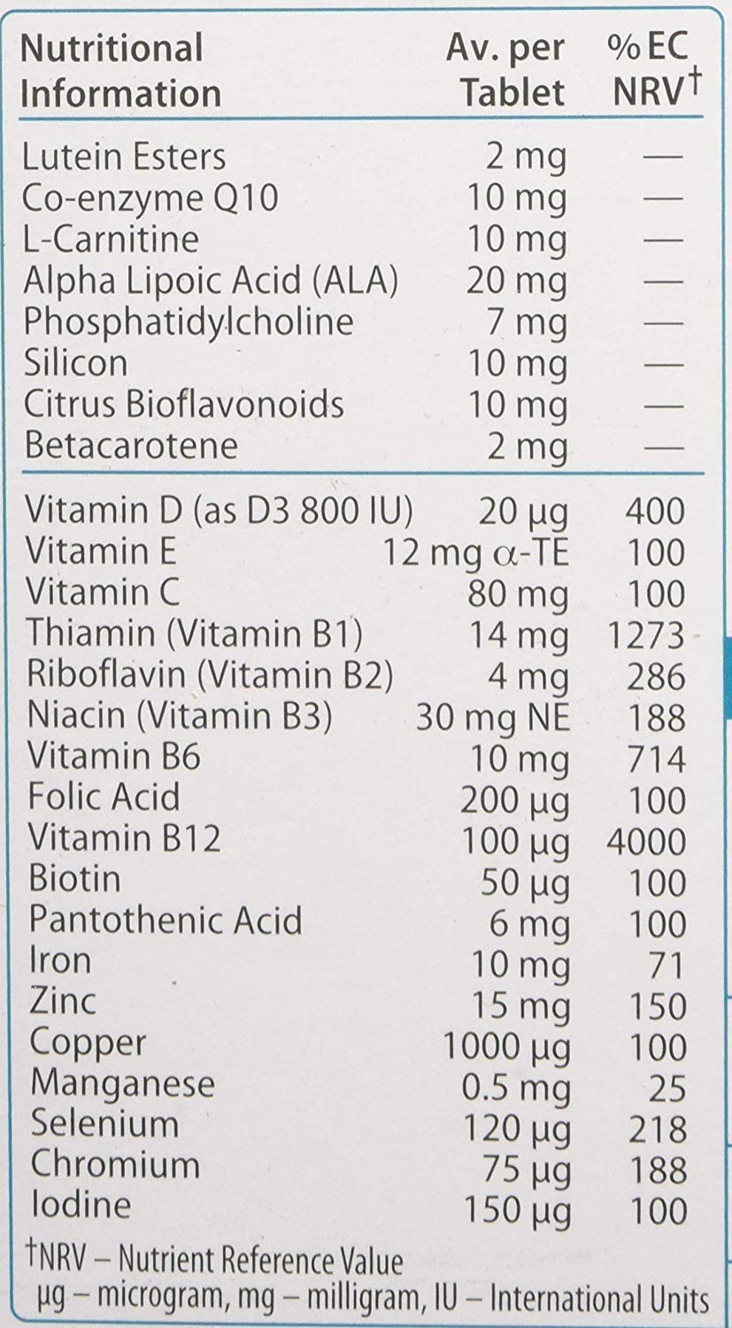 Wellwoman 70+ pack label close-up highlighting vegetarian, gluten-free and preservative-free quality