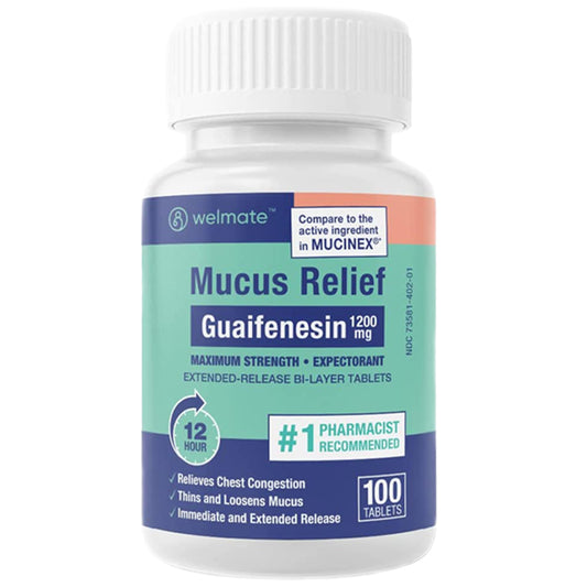 WELMATE Mucus Relief bottle close-up showing extended-release tablets for 12-hour relief.