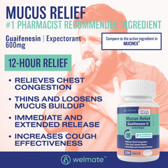 WELMATE Mucus Relief label close-up shows dosage and 12-hour relief promise.