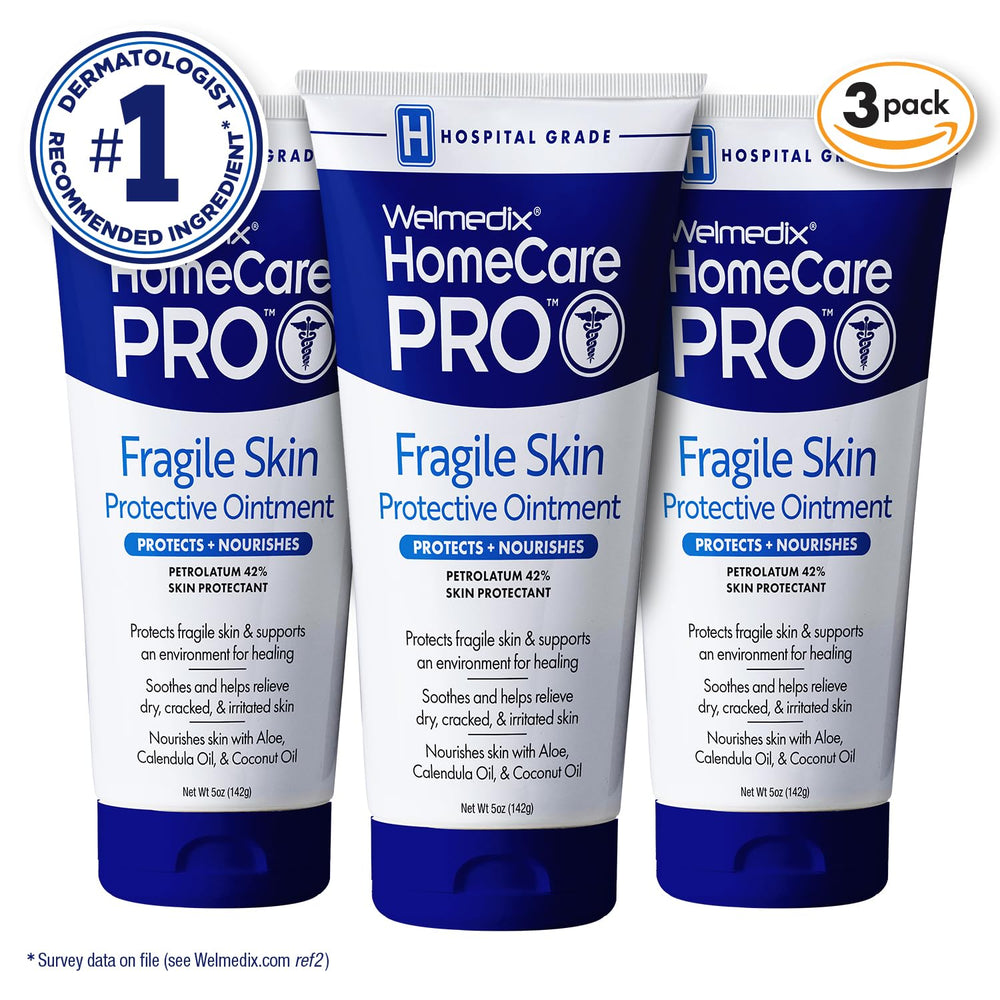 Welmedix Fragile Skin Ointment tube close-up label highlights calendula barrier formula.