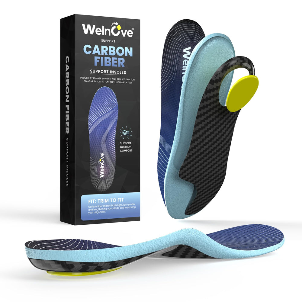 Welnove carbon fiber high arch insoles demonstrate arch stability for daily wear.