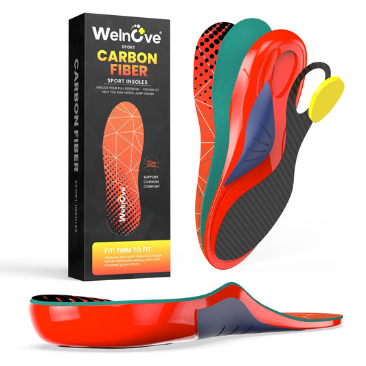 Welnove carbon fiber insoles with arch support for stabilized stride and reduced joint stress.