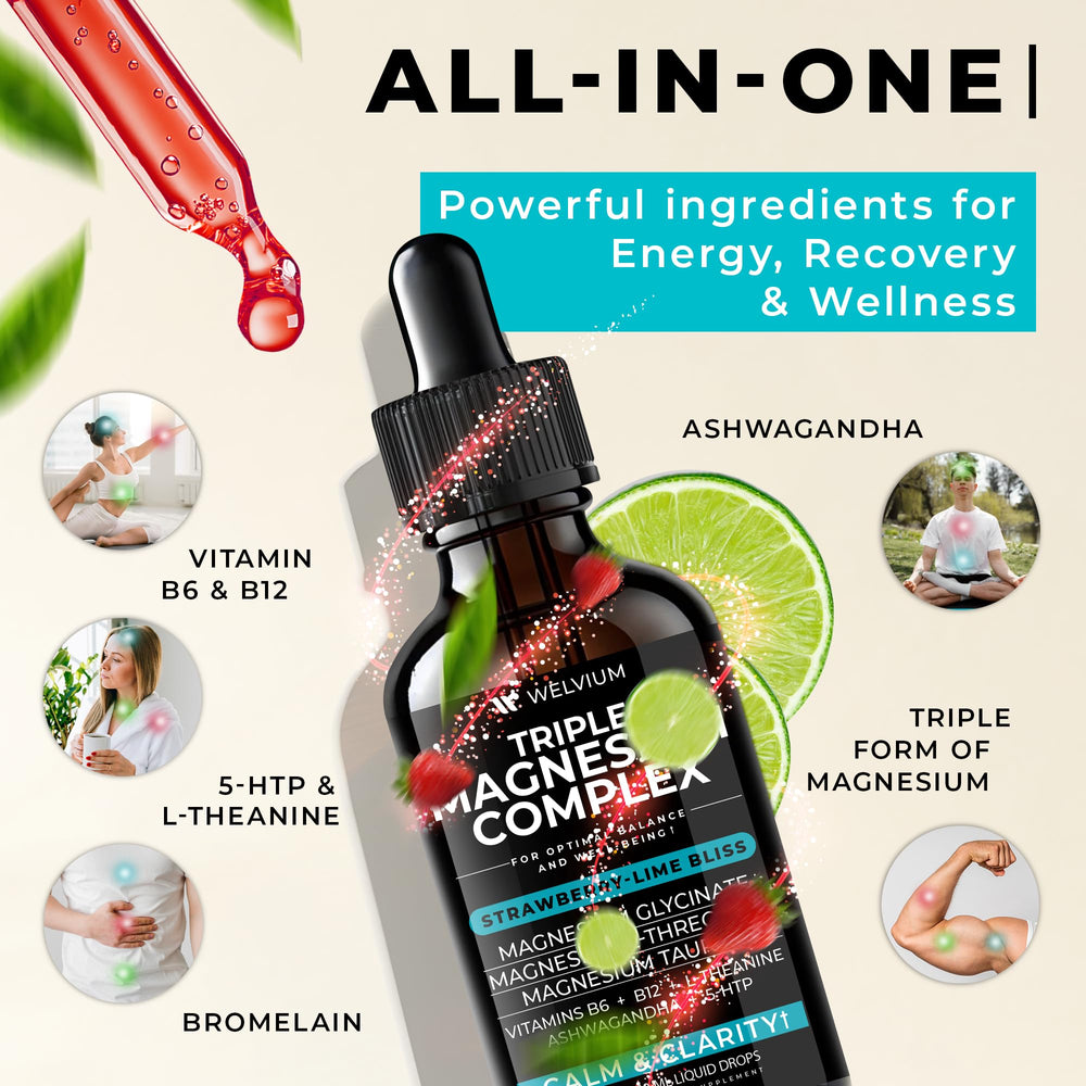 Close-up of WELVIUM magnesium drops highlighting strawberry-lime flavor