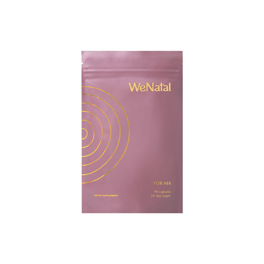 WeNatal for Her prenatal capsules bottle highlights gentle, high-absorption nutrients for pregnancy.