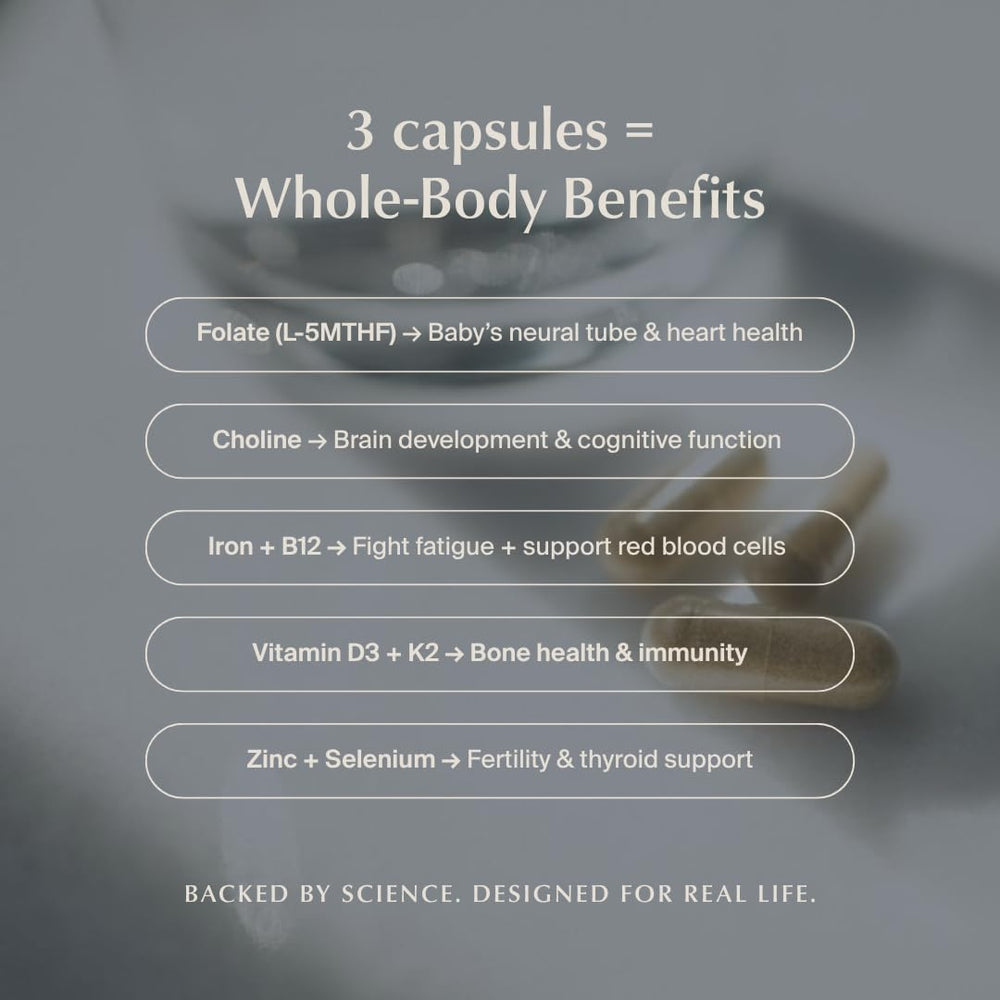 WeNatal for Her vitamin D3 bottle features immune and mood support benefits.