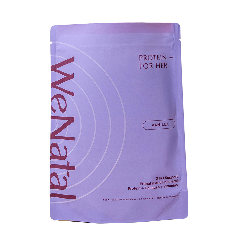 WeNatal Prenatal Protein+ for Her vanilla bottle showing clean protein and choline benefits