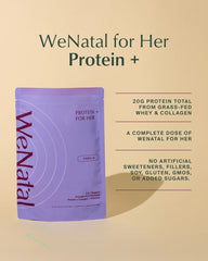 WeNatal Prenatal Protein+ for Her vanilla powder being poured into a glass for a smoothie