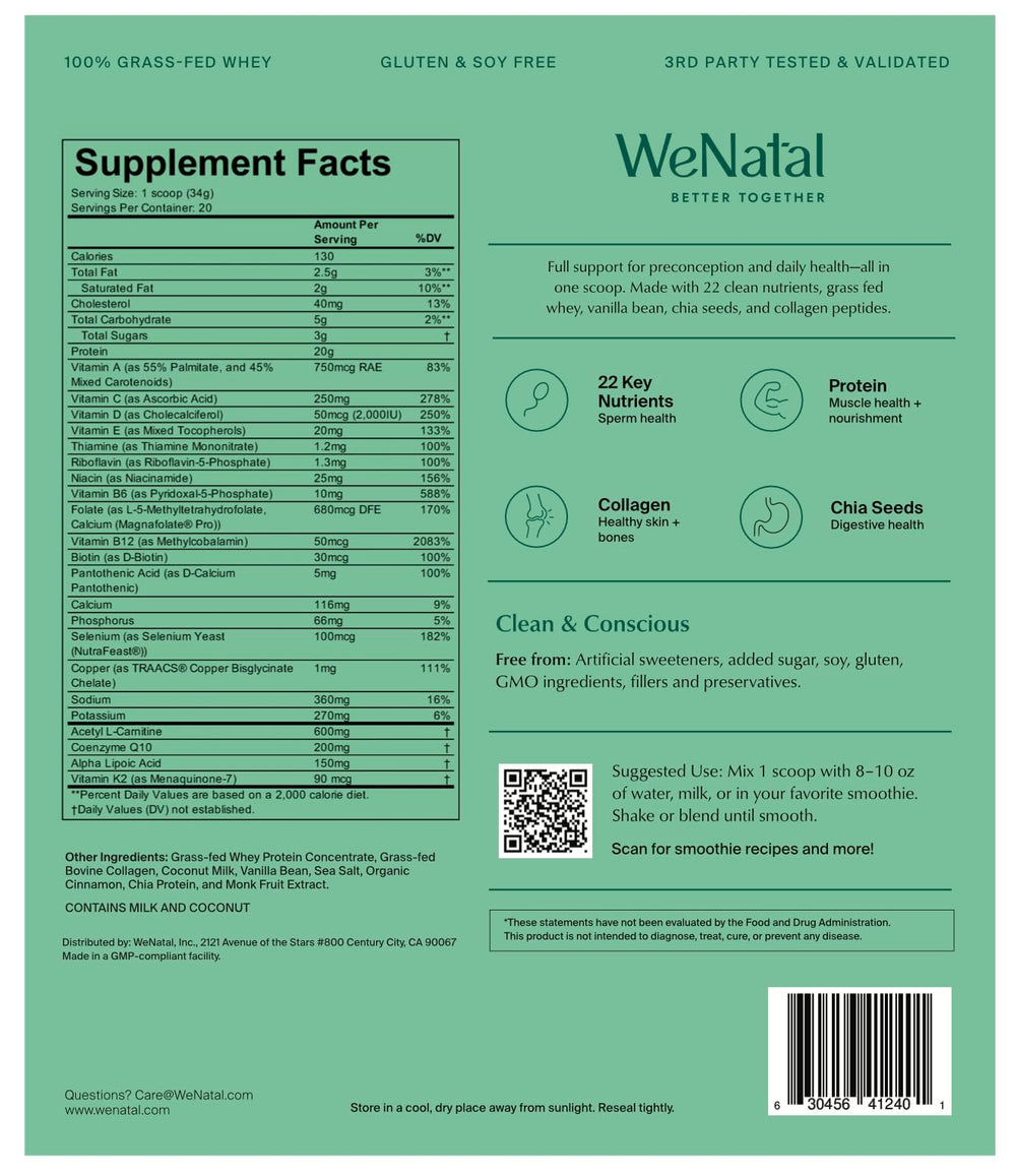 Packaging of WeNatal Protein for Him showingUSA made in a GMP facility