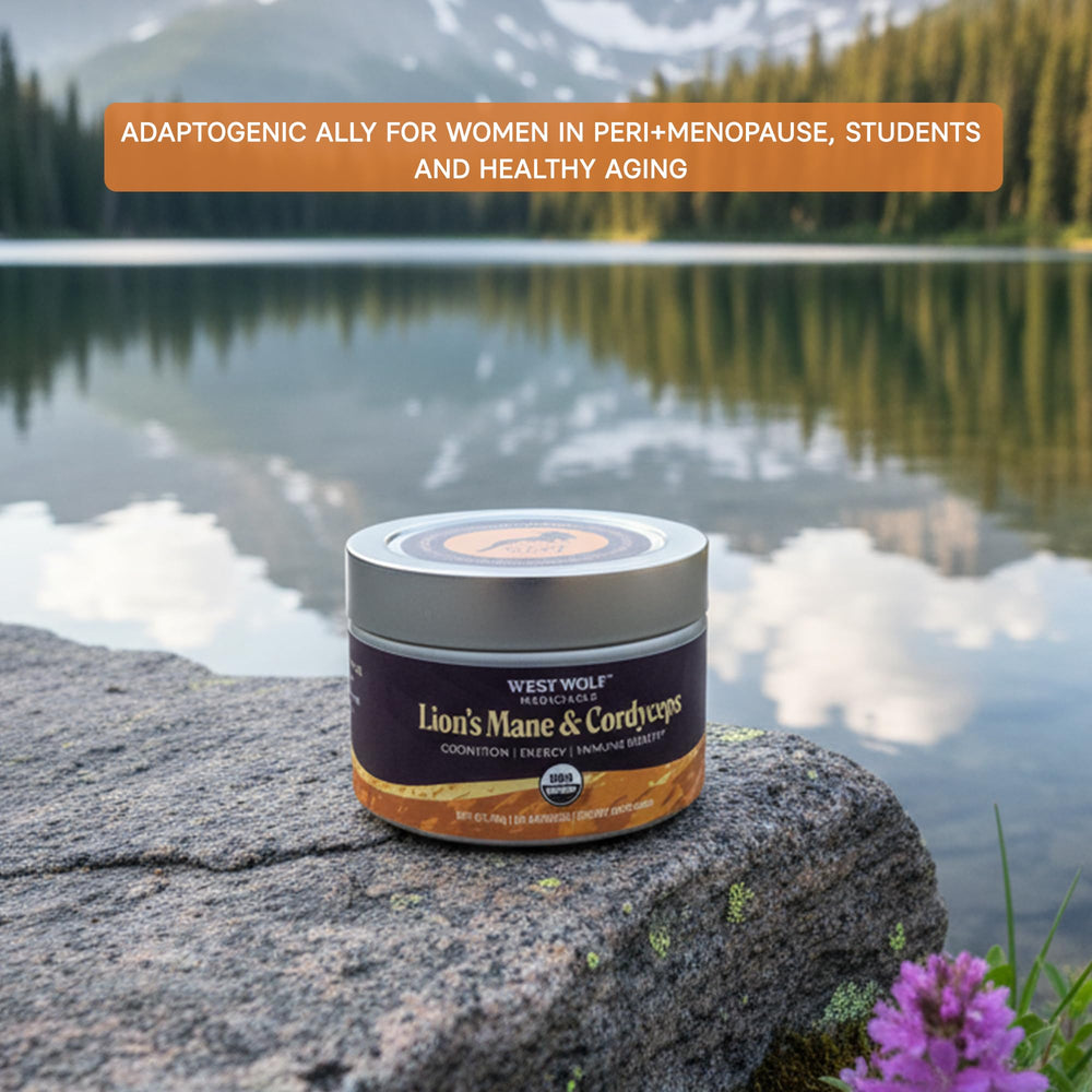 West Wolf Medicinals label detail on tin highlights organic, additive-free formula.