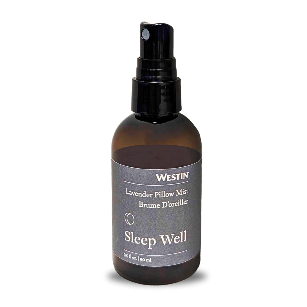 Westin Sleep Well Pillow Mist bottle releases lavender aroma for a calming bedtime ritual.