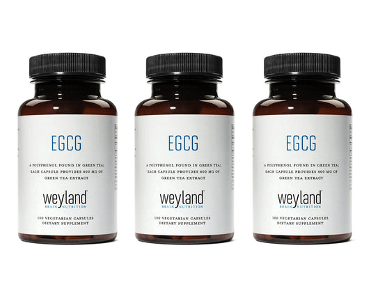 Weyland EGCG bottle front showing vegan, gluten-free antioxidant option.