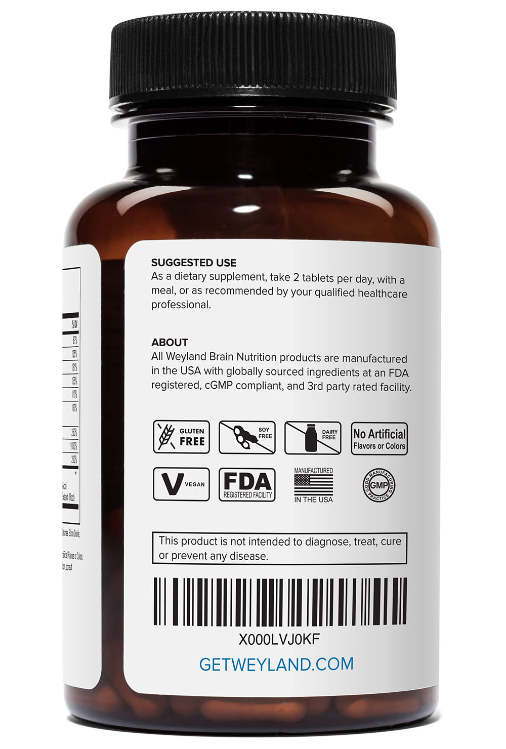 Weyland Energy tablets close-up highlighting caffeine and vitamins.