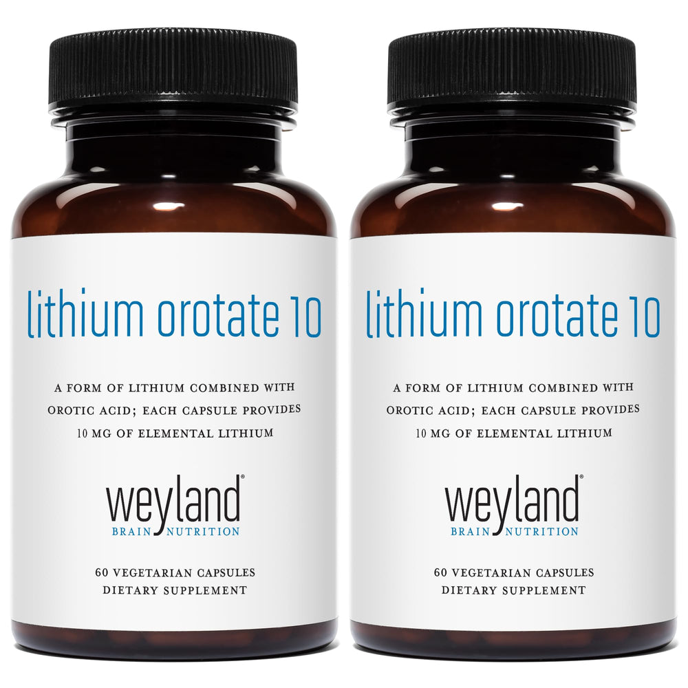 Weyland Lithium Orotate bottle close-up highlights 60 vegetarian capsules for daily wellness.