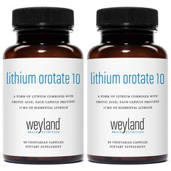 Weyland Lithium Orotate bottle close-up highlights 60 vegetarian capsules for daily wellness.