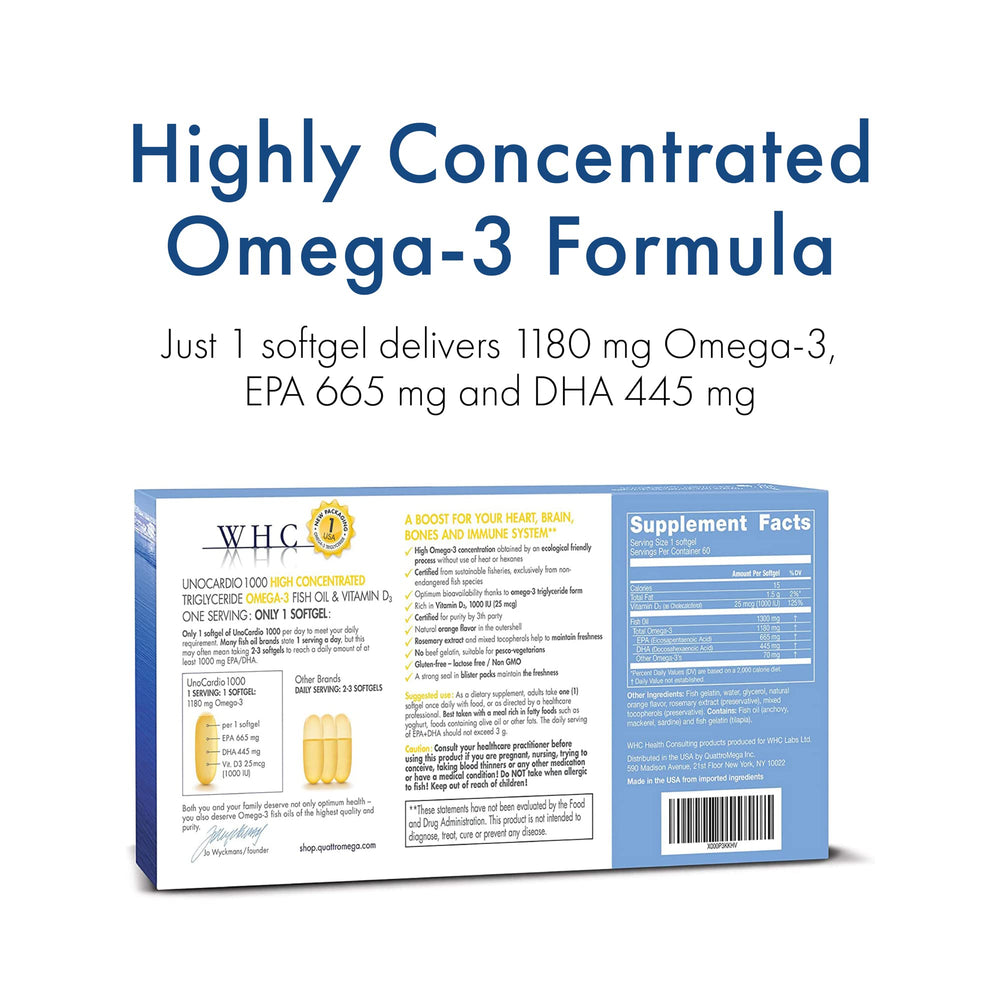 WHC UnoCardio 1000 softgels close-up showing uniform capsules.