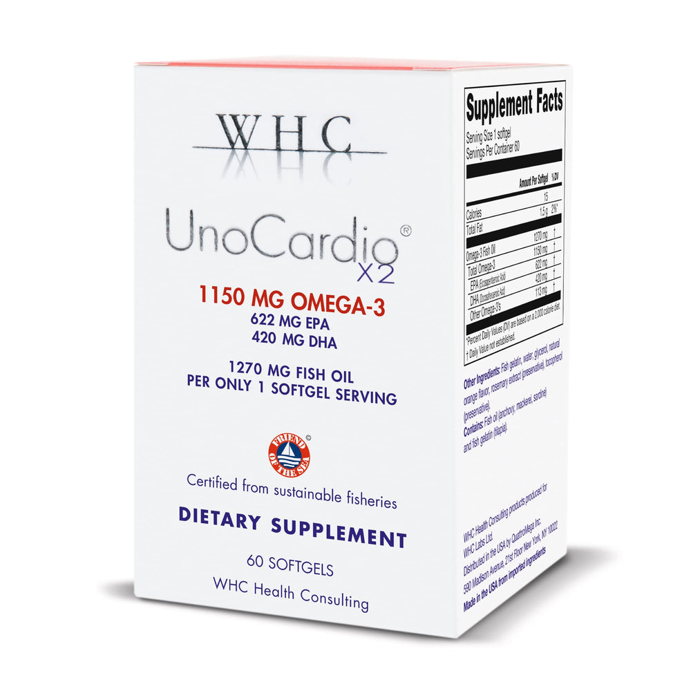 WHC UnoCardio X2 bottle close-up showing natural orange omega-3 softgels for daily heart support.