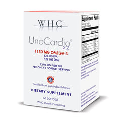 WHC UnoCardio X2 bottle close-up showing natural orange omega-3 softgels for daily heart support.