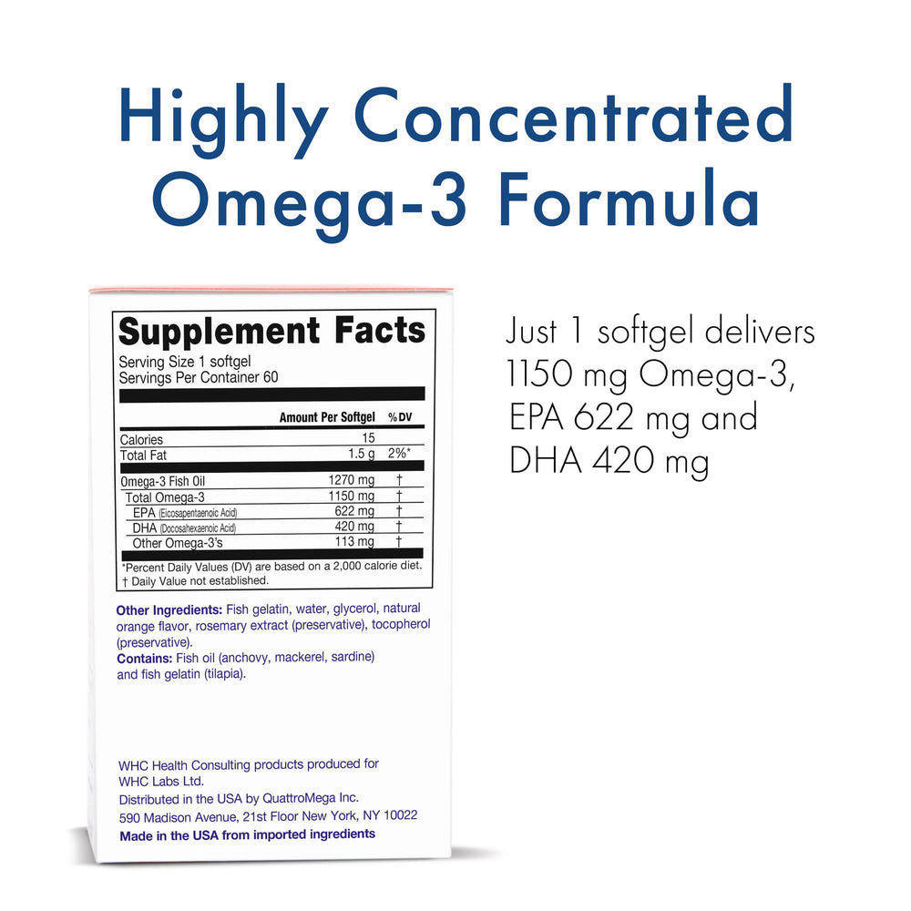 WHC UnoCardio X2 softgels in bottle illustrate easy daily dosage for heart and brain health.