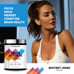 Whitney Johns Brain Activate label highlights caffeine-free, zero sugar formula.