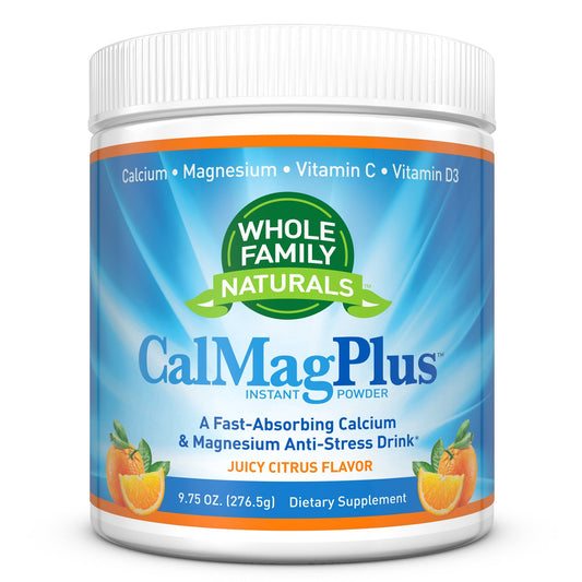 Whole Family Naturals CalMag Plus bottle front highlights citrus flavor and everyday mineral support