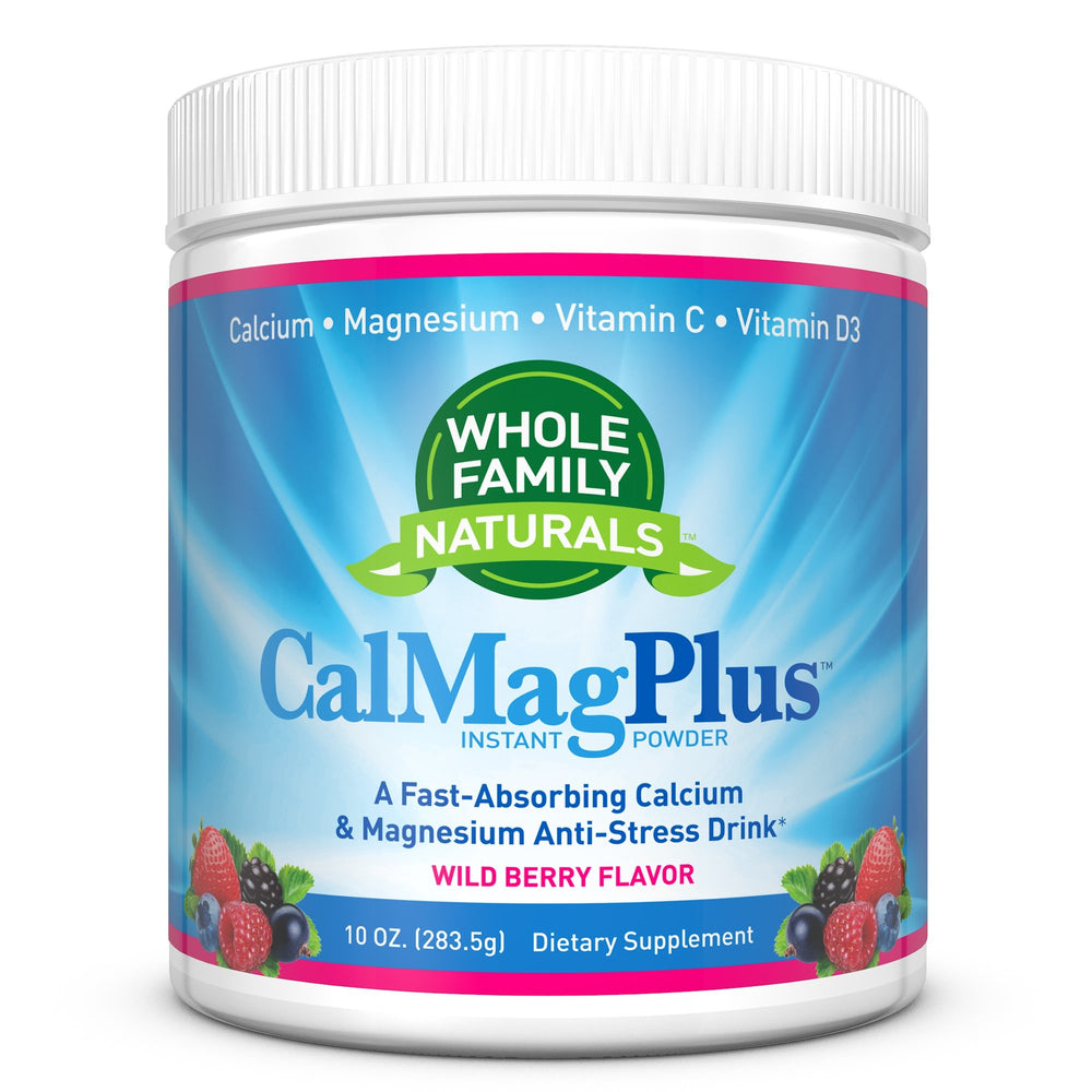 Whole Family Naturals CalMag Plus bottle side view for reliable daily mineral support.