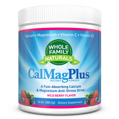 Whole Family Naturals CalMag Plus bottle side view for reliable daily mineral support.