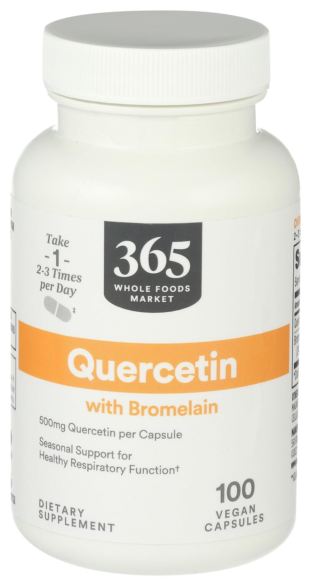 Whole Foods Market Quercetin with Bromelain bottle front view for seasonal support