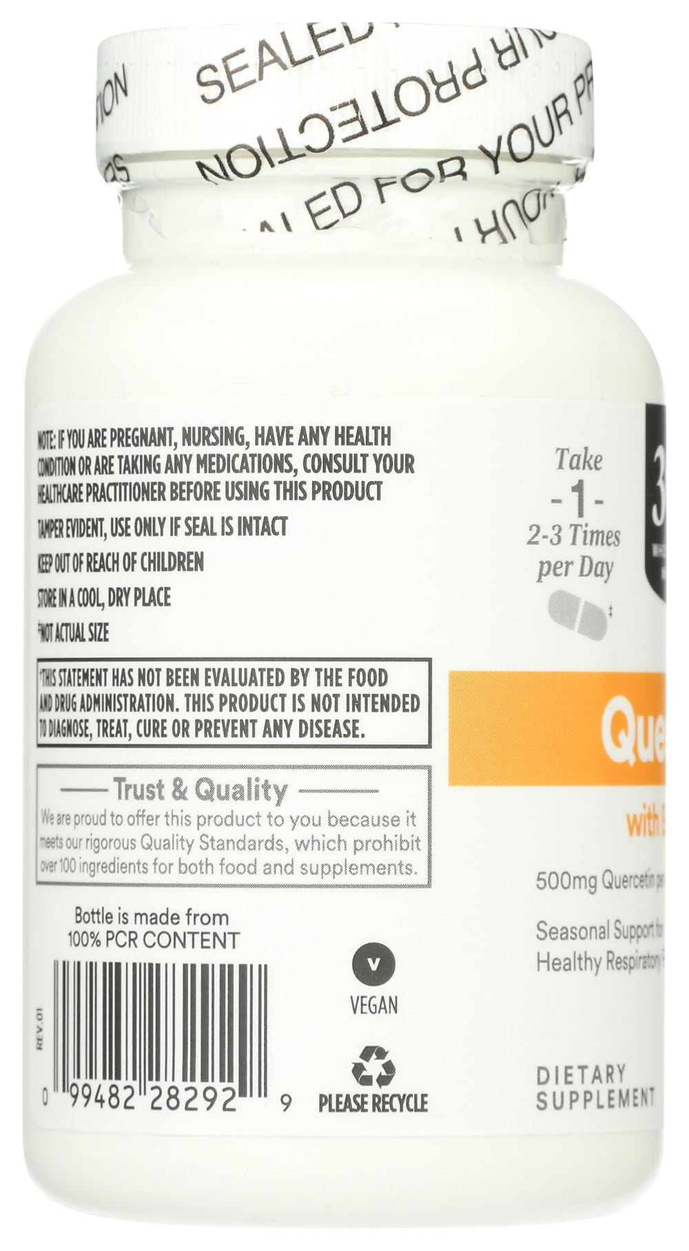 Ingredients list highlighting quality components in Quercetin with Bromelain