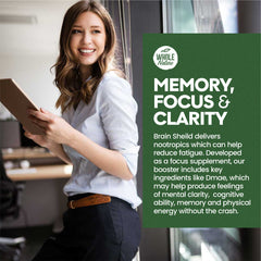Whole Nature Brain Shield packaging close-up highlights safe, USA-made manufacturing.