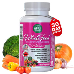 Whole Nature women's multivitamin bottle shows vegan formula for daily energy.