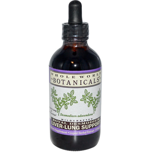 Whole World Botanicals Liver Lung Support Royal Desmodium bottle promotes breathing comfort and liver balance.