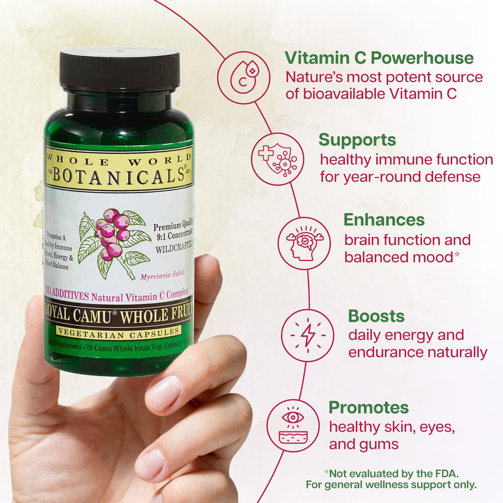 Whole World Botanicals Royal Camu Dark capsules spilled on a surface.