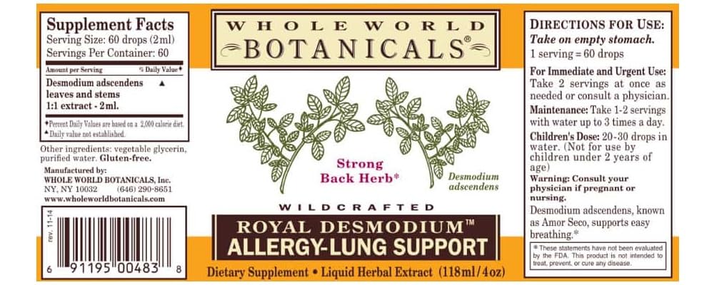 Whole World Botanicals Royal Desmodium dropper-top bottle highlighting 1:1 strength and potency.
