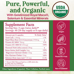 Whole World Botanicals Royal Maca Bone & Hormone bottle back offers usage guidance and benefits.