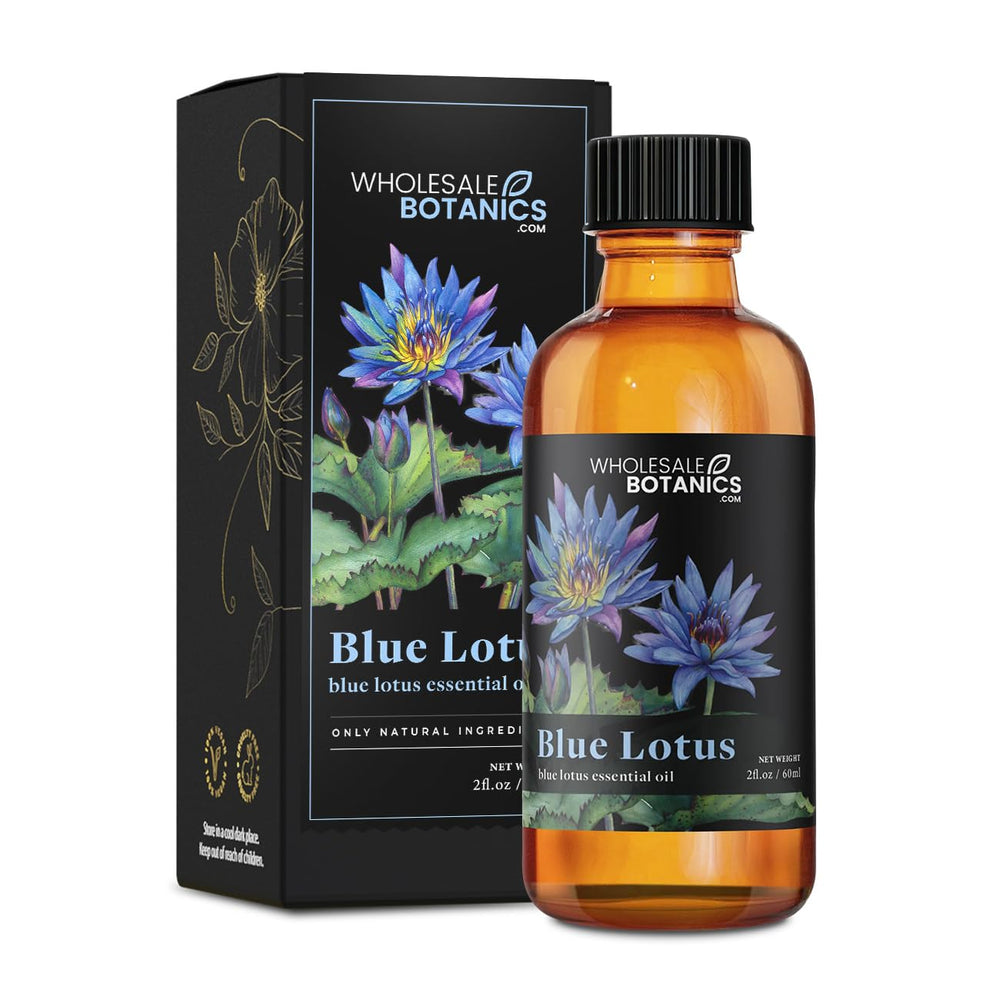 Wholesale Botanics Blue Lotus Essential Oil bottle for mood uplift aroma.