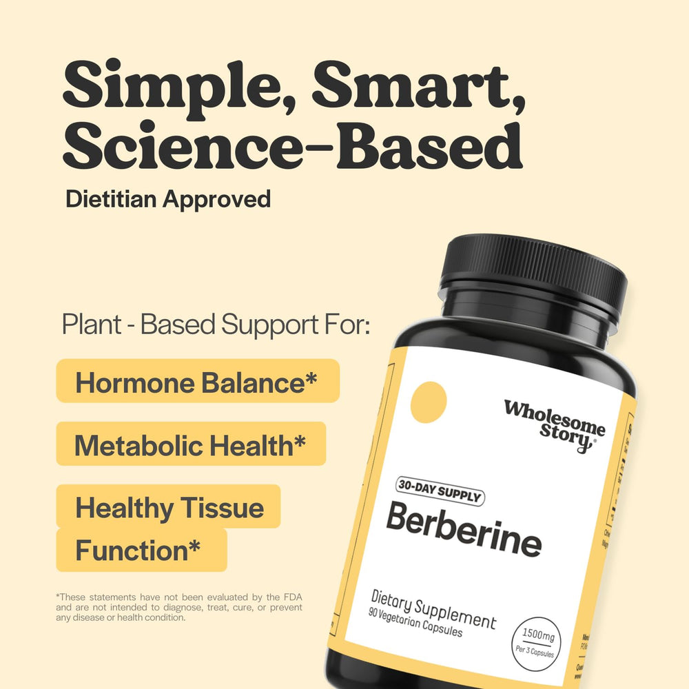 Wholesome Story Berberine capsules close-up highlighting vegan, dye-free daily use.
