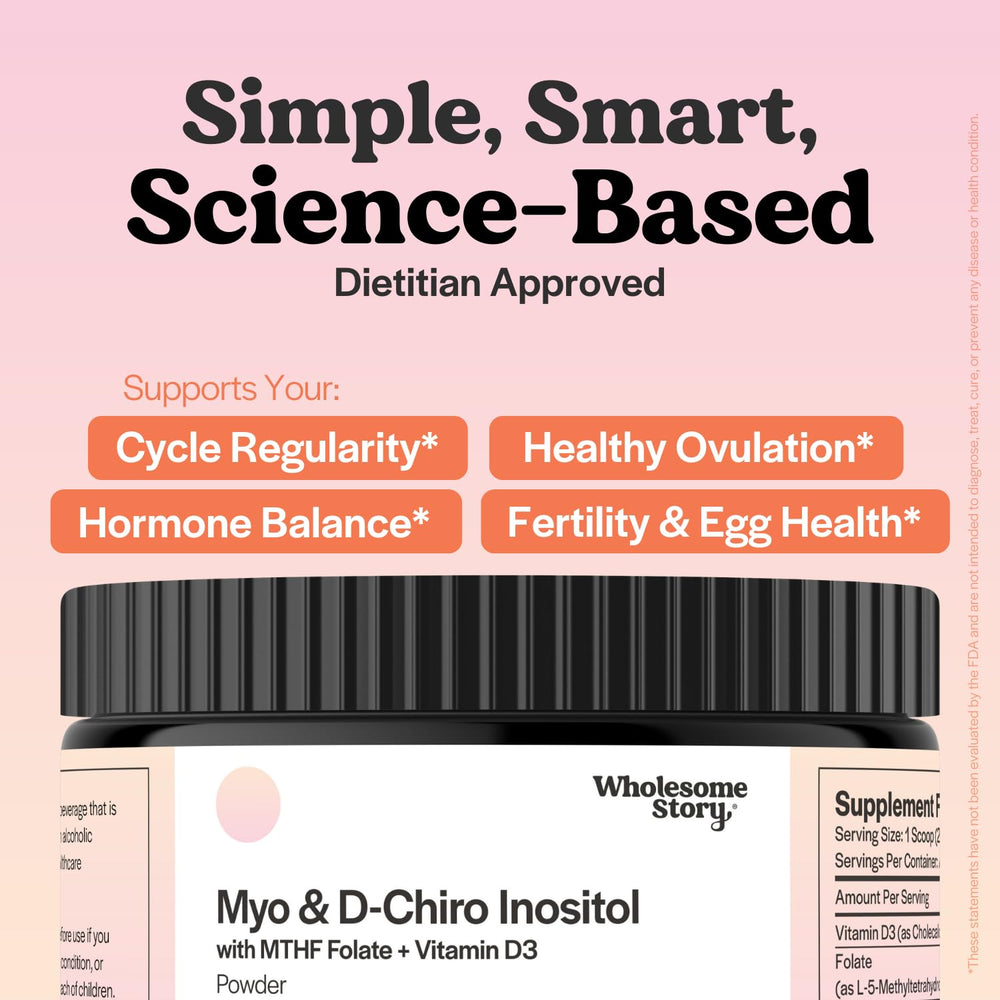Wholesome Story Myo-Inositol & D-Chiro-Inositol duo in a measuring scoop.