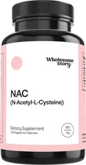 Wholesome Story NAC 600 mg bottle close-up showing label and capsule texture for antioxidant support