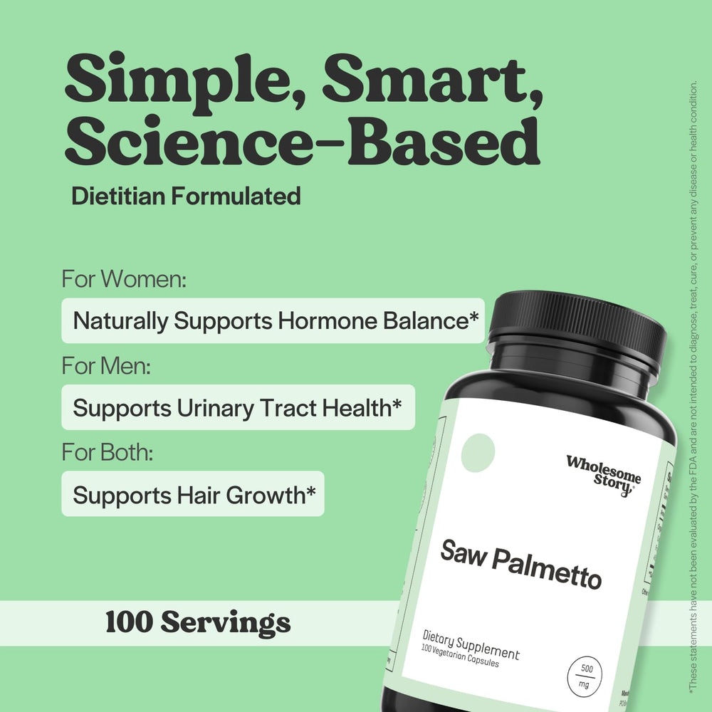 Close-up of Wholesome Story Saw Palmetto capsules indicating vegan formula.