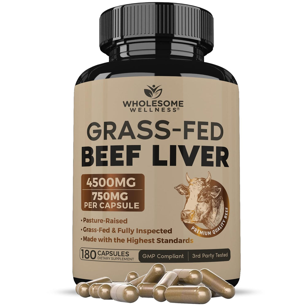 Wholesome Wellness bottle with grass-fed beef liver capsules for easy daily use.