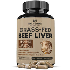 Wholesome Wellness bottle with grass-fed beef liver capsules for easy daily use.