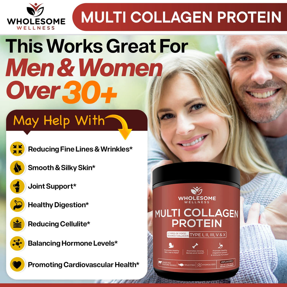 Wholesome Wellness Premium Multi Collagen grass-fed beef source signals premium protein options.